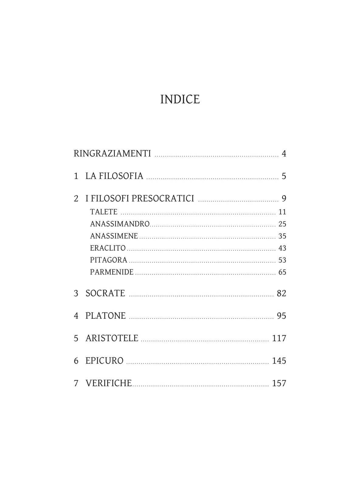 Pagina dell'indice con l'elenco dei capitoli dai Presocratici a Epicuro