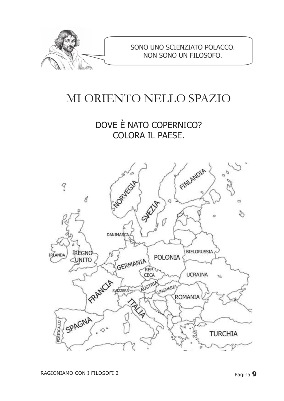 Pagina con mappa dell'Europa per localizzare dove è nato Copernico