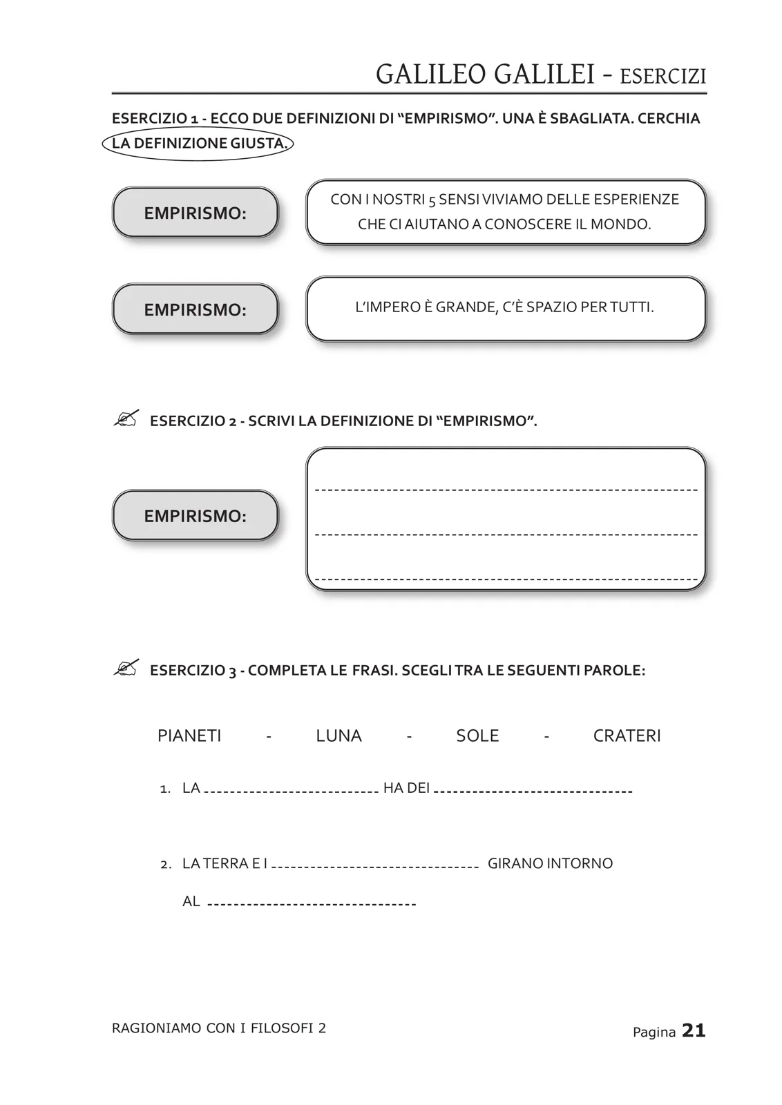 Pagina di esercizi su Galileo con definizione di empirismo e completamento