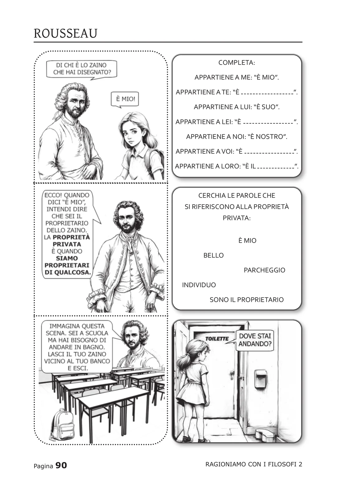Pagina su Rousseau con vignette sullo zaino, la proprietà e la scuola