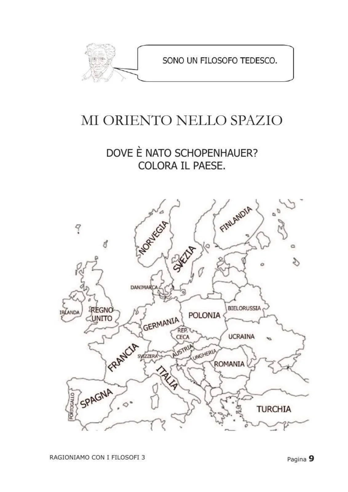 Pagina con mappa dell'Europa per localizzare dove è nato Schopenhauer