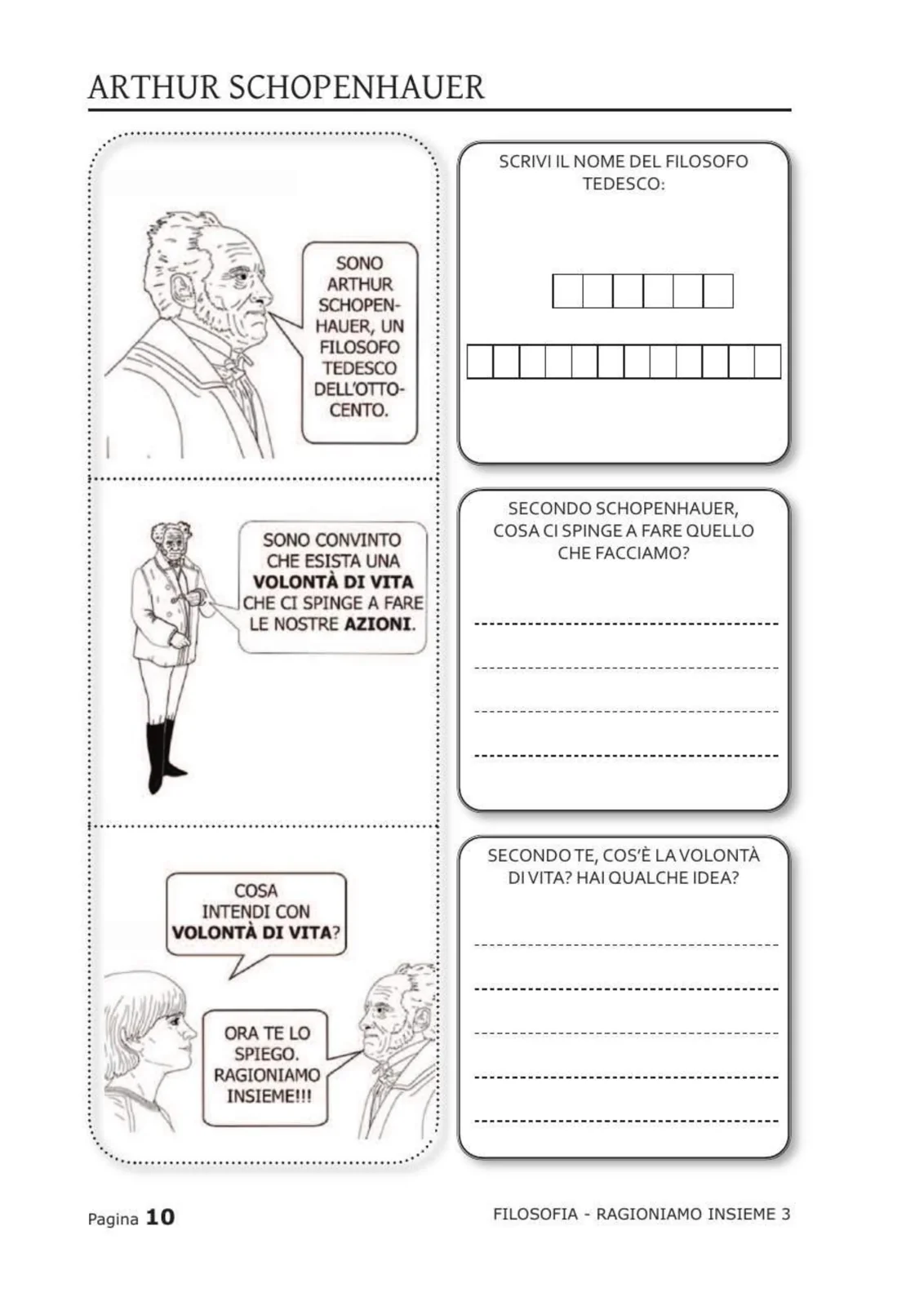 Pagina su Schopenhauer con vignette illustrate sulla volontà di vita e domande guidate