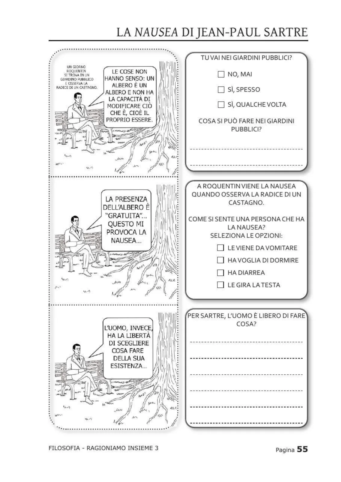 Pagina su Sartre al giardino pubblico con vignette sulla nausea e la libertà dell'uomo
