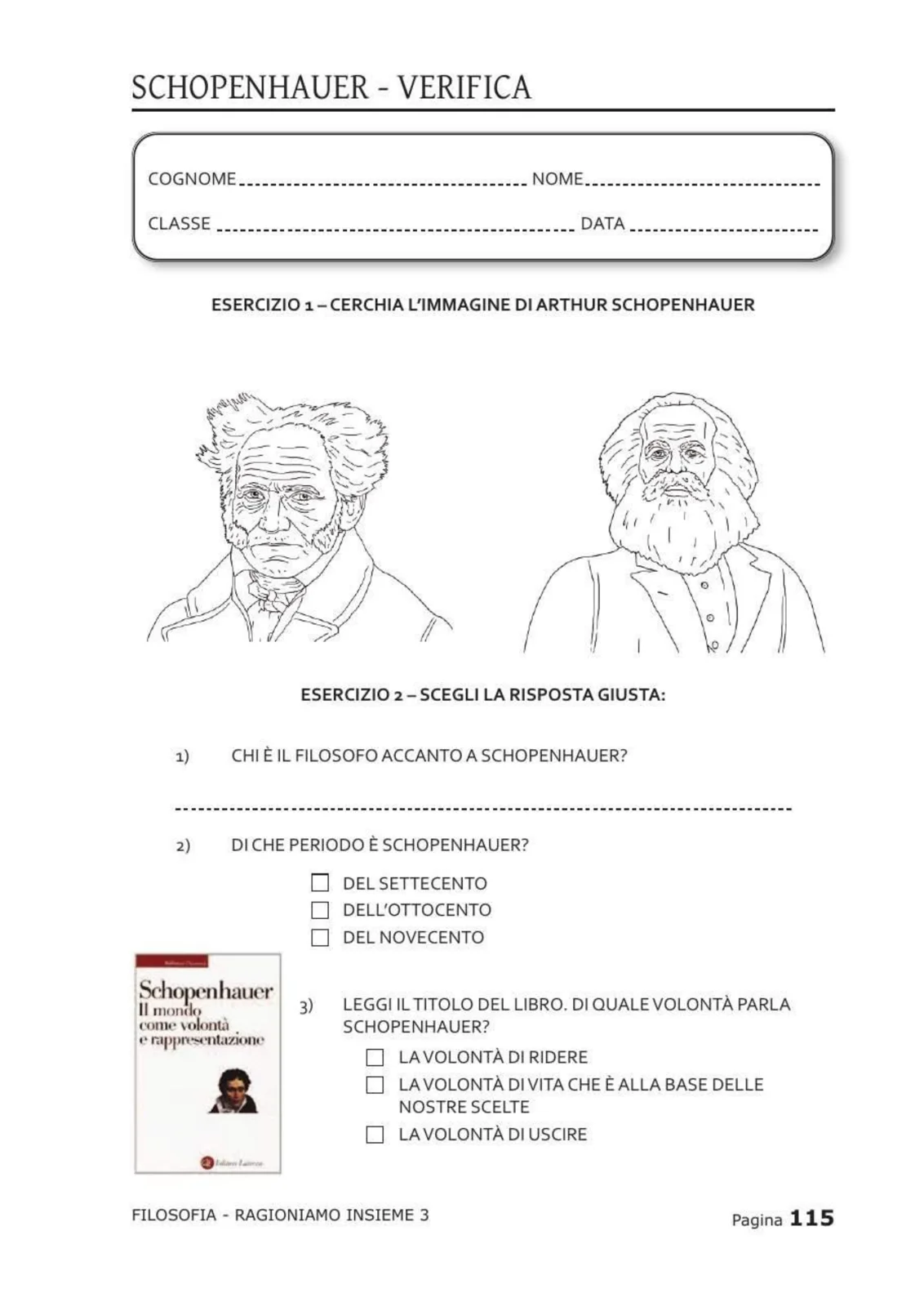 Pagina di verifica con ritratti da cerchiare e domande a risposta multipla su Schopenhauer