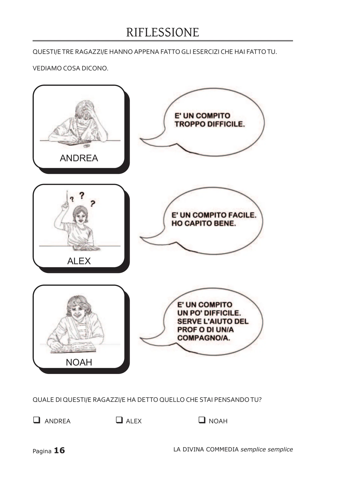 Pagina di riflessione con tre ragazzi che esprimono opinioni diverse sulla difficoltà