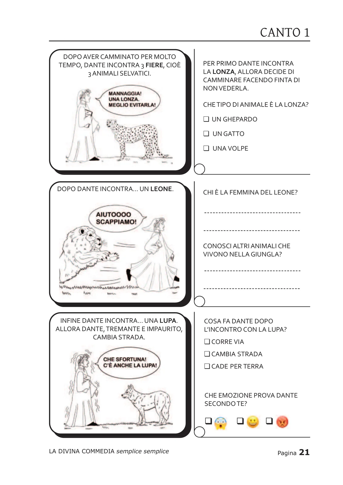 Pagina del Canto 1 con vignette di Dante che incontra la lonza, il leone e la lupa