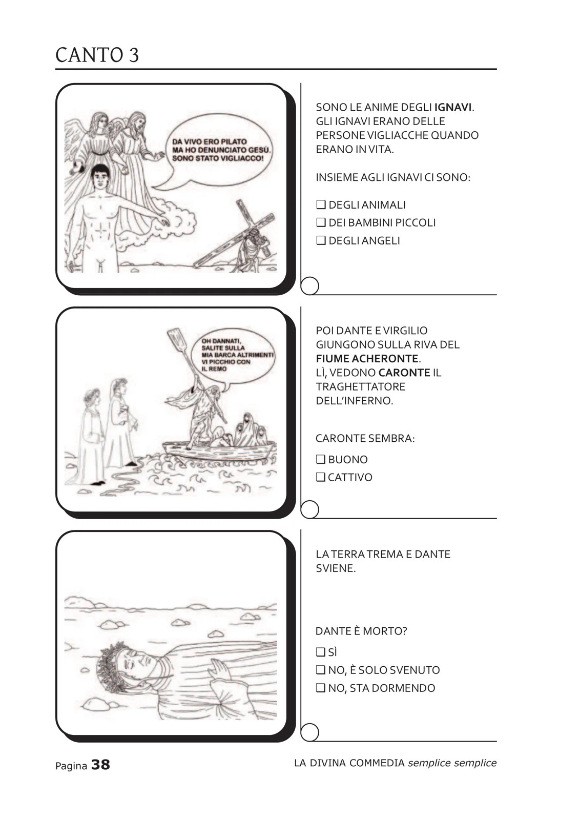 Pagina del Canto 3 con le anime degli ignavi, Caronte e il fiume Acheronte