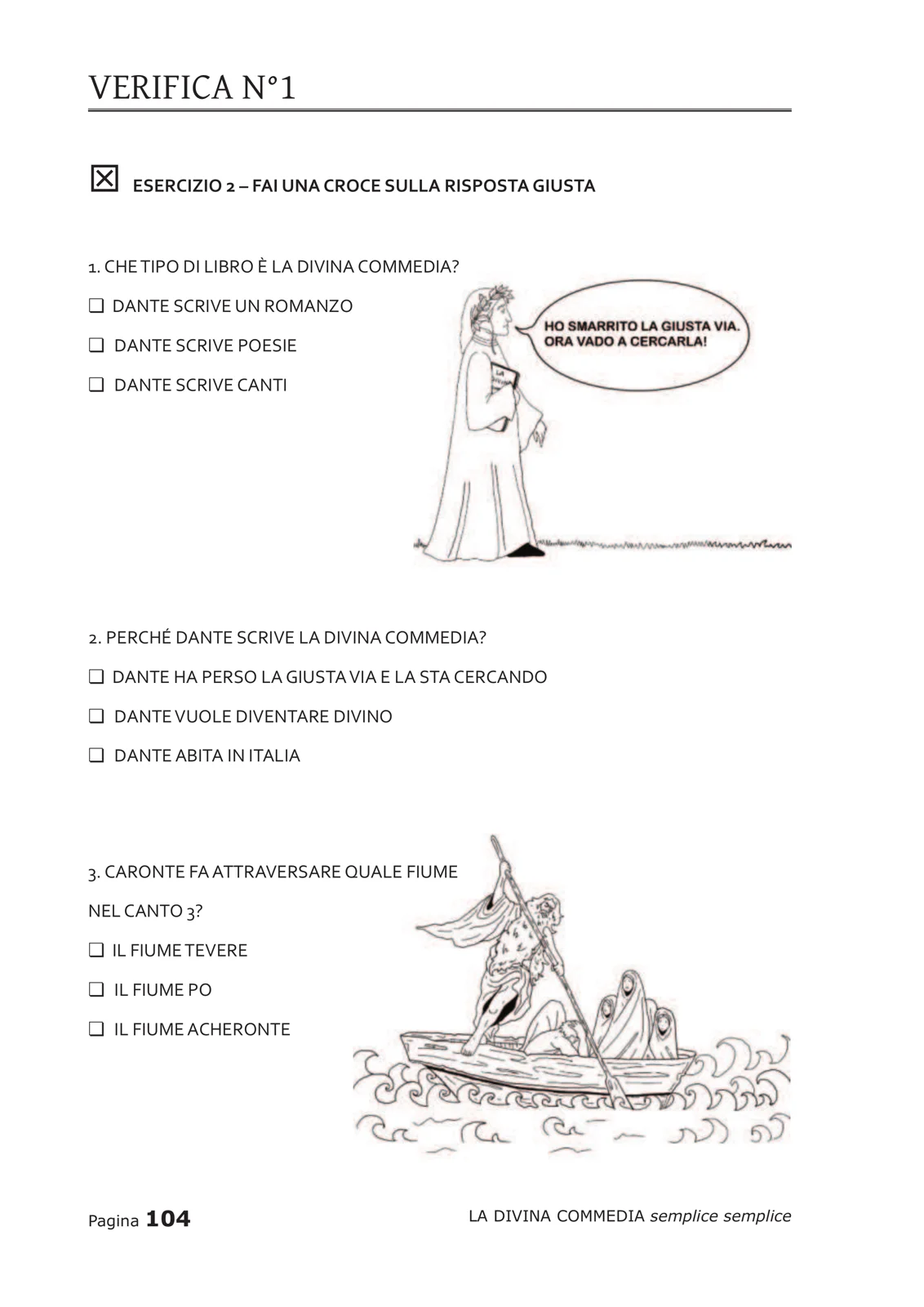 Pagina di verifica con domande a risposta multipla e illustrazioni di Dante e Caronte