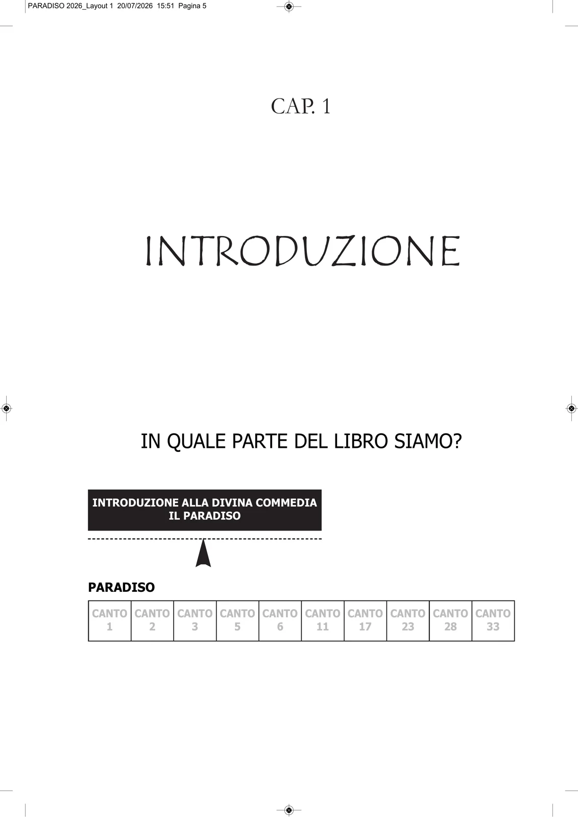Pagina di apertura dell'Introduzione con mappa di orientamento e tabella dei canti del Paradiso