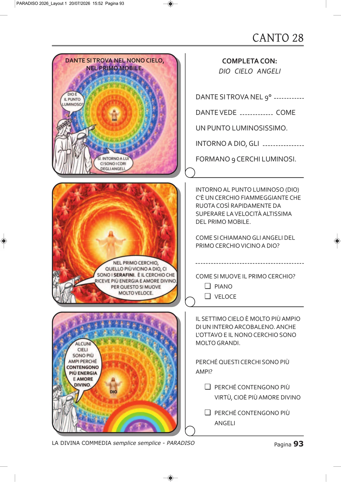 Pagina del Canto 28 con vignette su Dio come punto luminoso, gli angeli e i cerchi del Primo Mobile