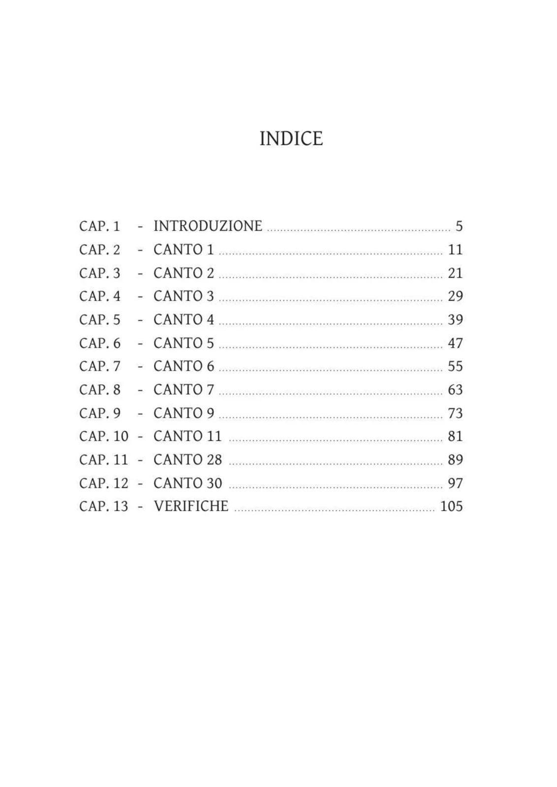 Pagina dell'indice con l'elenco dei capitoli del Purgatorio