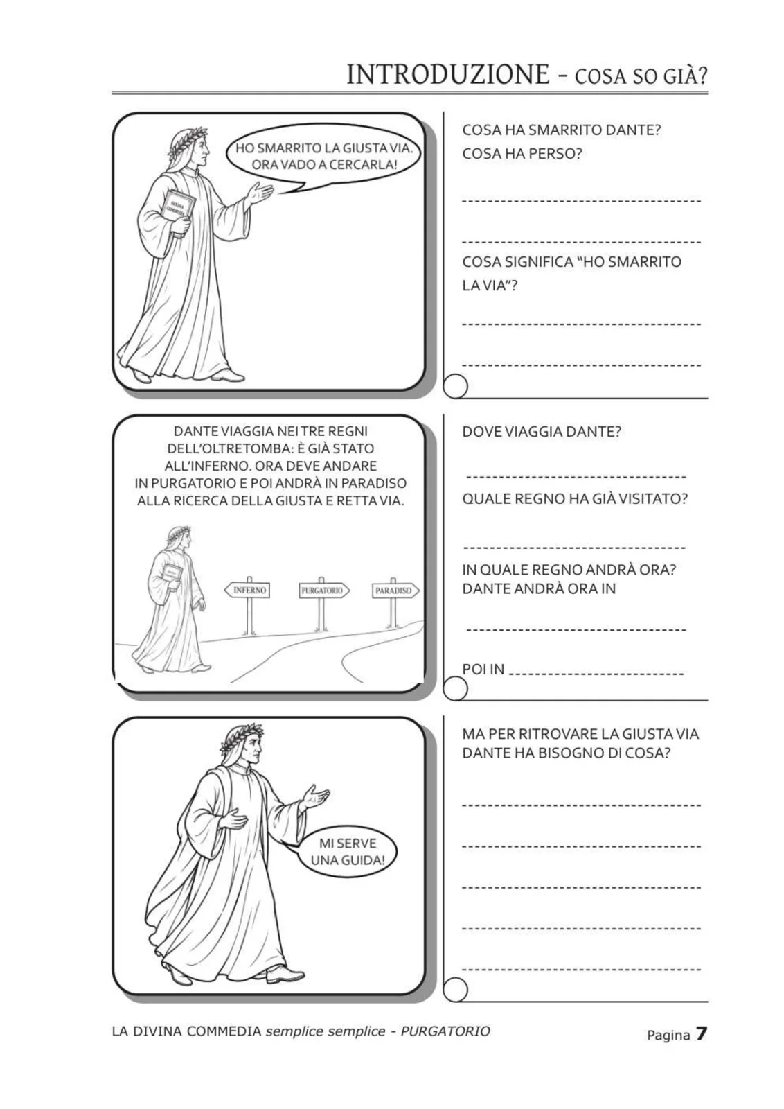 Pagina introduttiva con vignette su Dante che ha smarrito la via e il viaggio nei tre regni