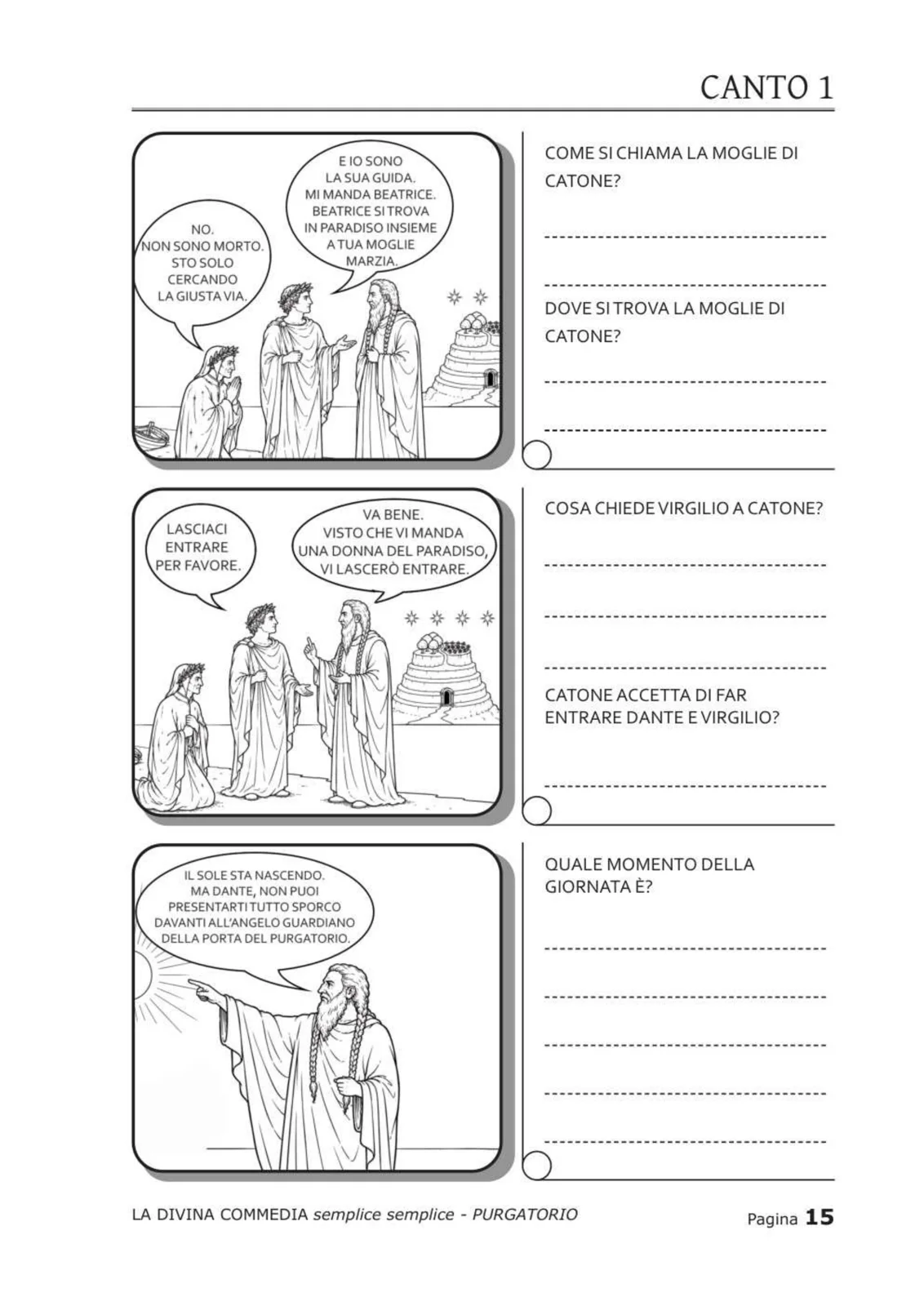 Pagina del Canto 1 con vignette di Dante, Virgilio e Catone davanti alla porta del Purgatorio
