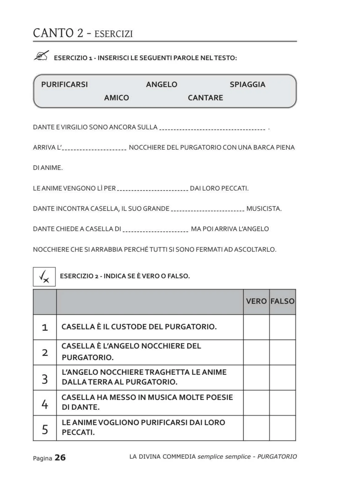 Pagina di esercizi sul Canto 2 con completamento e vero o falso su Casella e l'angelo