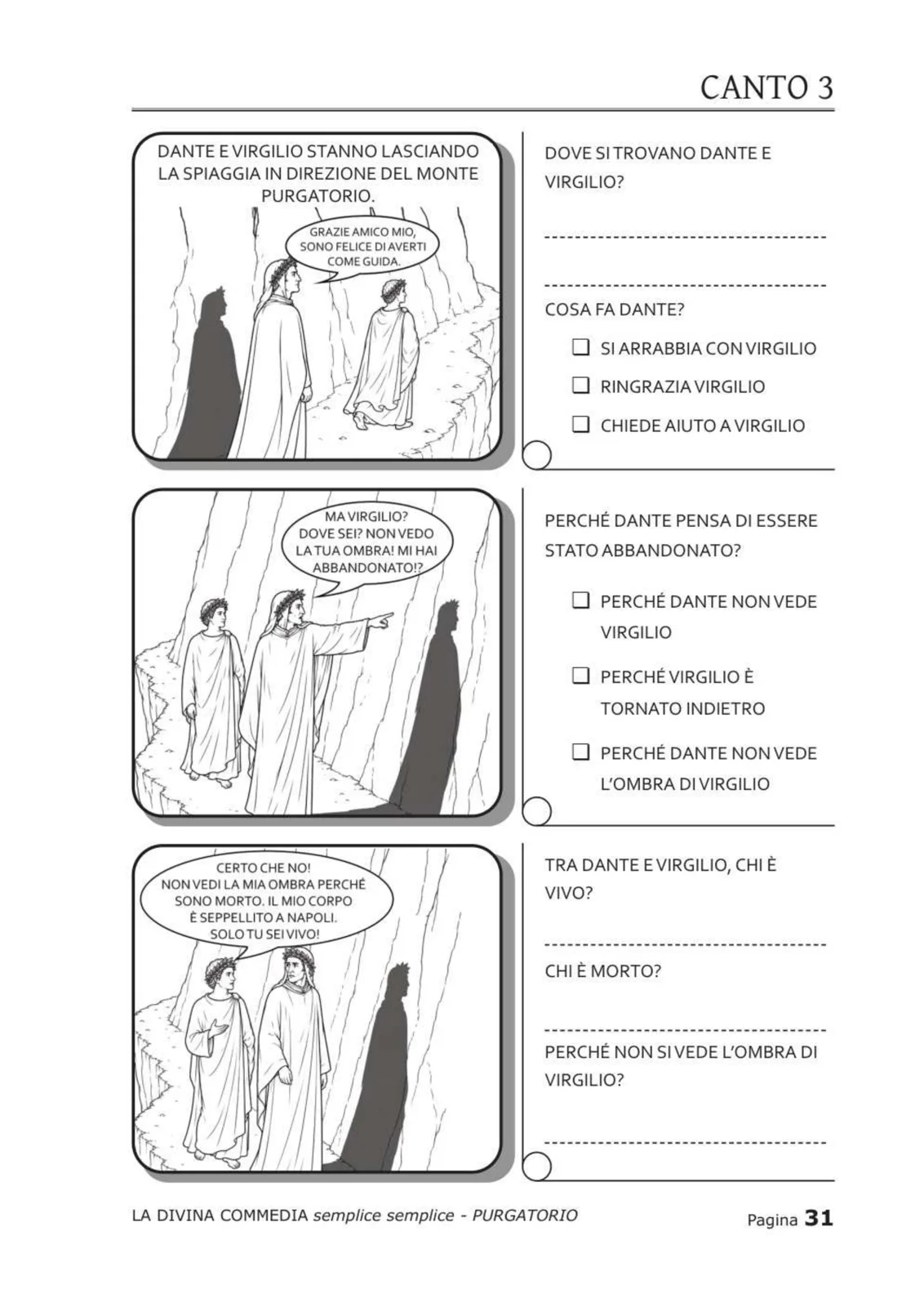 Pagina del Canto 3 con vignette di Dante e Virgilio, l'ombra e il corpo sepolto a Napoli