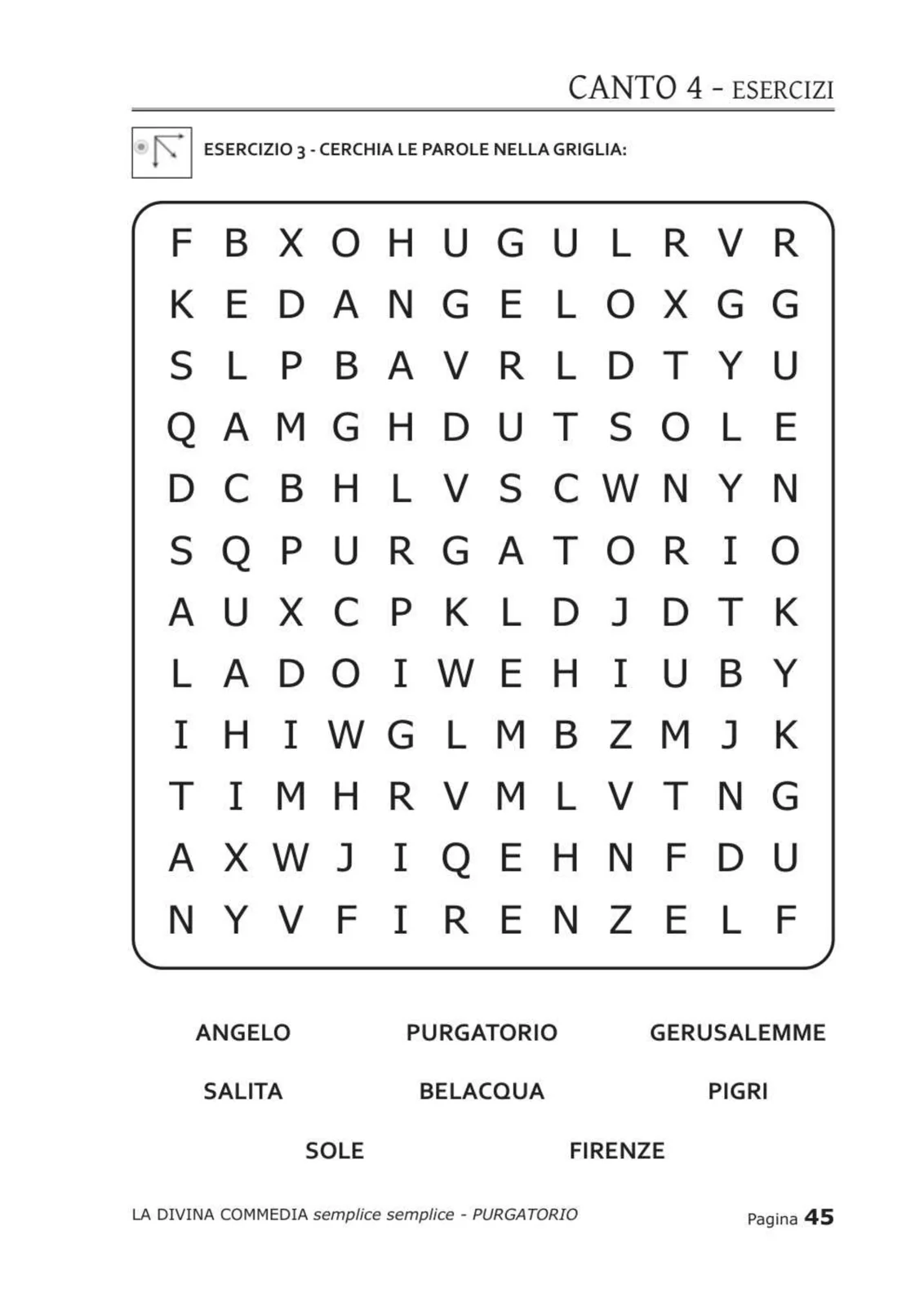 Crucipuzzle con parole chiave del Purgatorio da cercare nella griglia