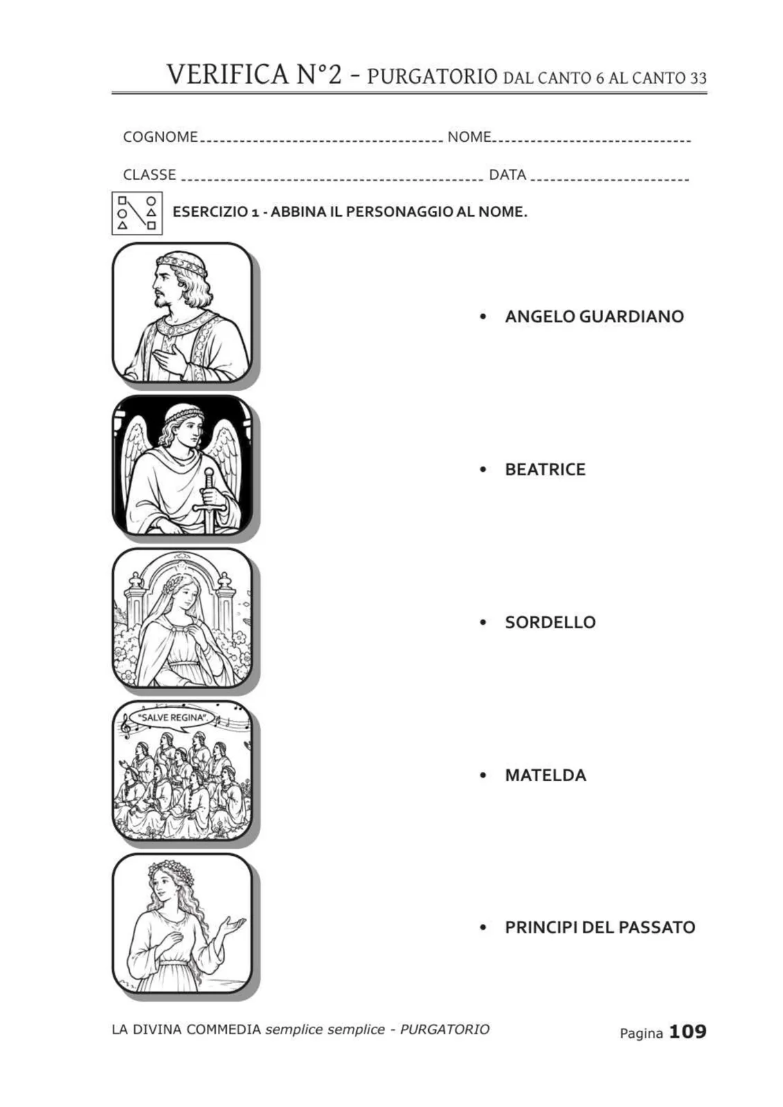 Pagina di verifica con ritratti di Angelo guardiano, Beatrice, Sordello, Matelda e Principi